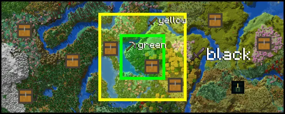 Mapa do Survival com zonas verde, amarela e preta